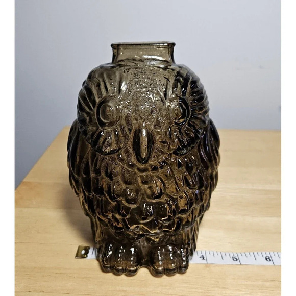 Vintage Wise Old Owl Glass Bank Smokey Gray 6 Inches - Picture 5 of 7